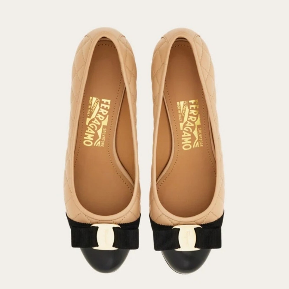 Salvatore Ferragamo Beige and Black Bow Heels
